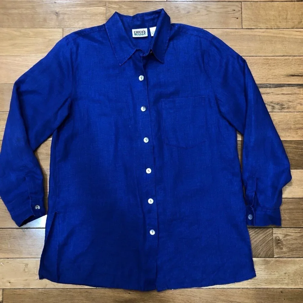 Chico's 100% Linen Button Front Long Sleeve Blue Tunic Size 1 - Picture 6 of 10